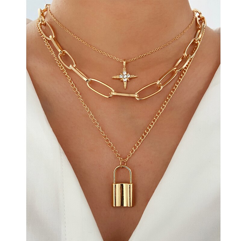 Trendy Key Lock Pendant Necklace For Women Men Punk Big Chunky Chain Multilayed Lock Pendant Necklaces Jewelry Party: CS51793