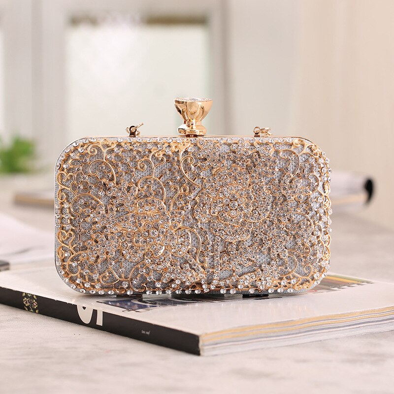 Bolso de mano de Metal con diamantes de imitación para mujer, cartera de noche de oro y cristal, bolsos para de boda, bolso de mano de día: Plata
