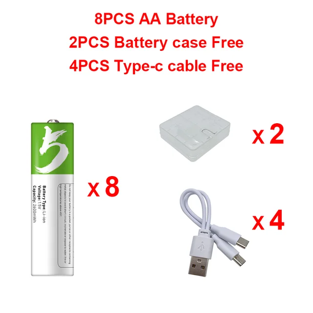 SMARTOOOLS Original USB AA Rechargeable Batteries 1.5V 2600 MWh Li-ion Battery for Remote Control Mouse Electric Toy Battery: 8 PCS AA and 4cable