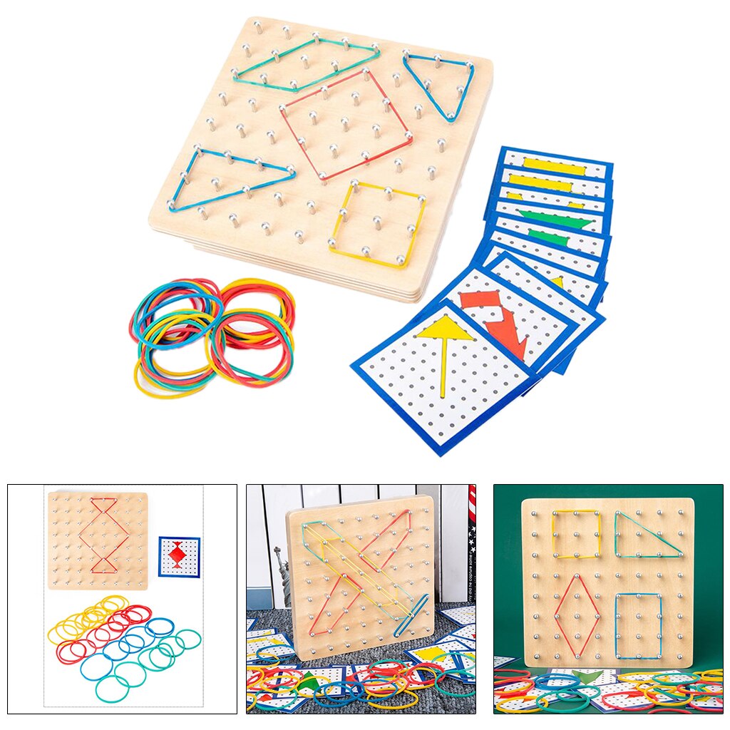 Geoboard with 20 Pieces Pattern Wooden Cards And Rubber Strips Shape