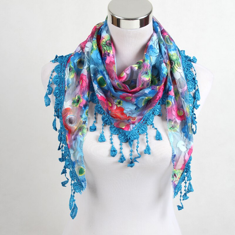 Women Triangle Scarf Lace Floral Summer Beach Tassel Scarves Chiffon Silk Wrap Pashmina Stole Foulard Hijab SJJ02