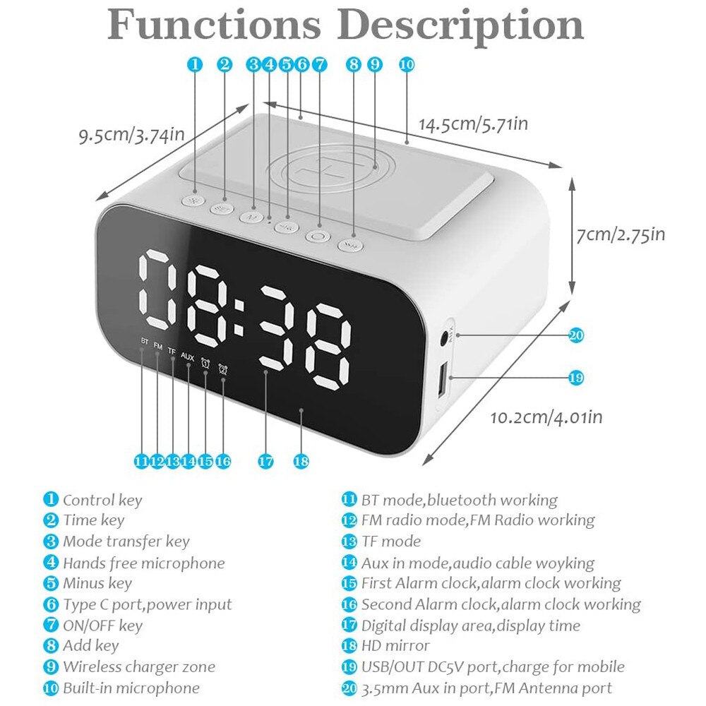 Digital Alarm Clock Home Digital Clocks Radio Bluetooth Speaker with USB Port and Wireless Charging Dual Alarm Big LED Display