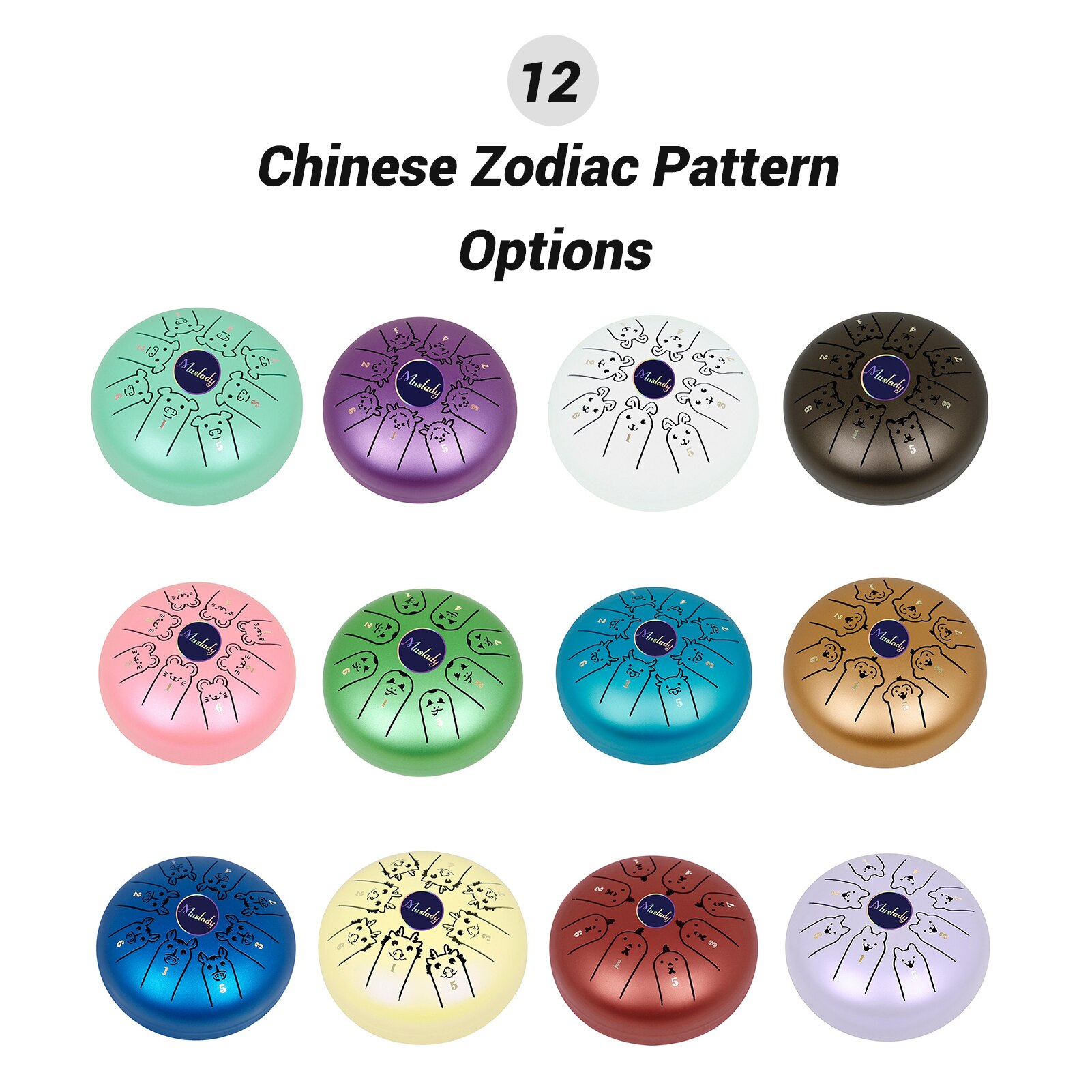 Muslady 5.5 Inches Mini Steel Tongue Drum 8 Notes C Key Handpan Drum Chinese Zodiac Patterned Tank Drum Percussion Instruments