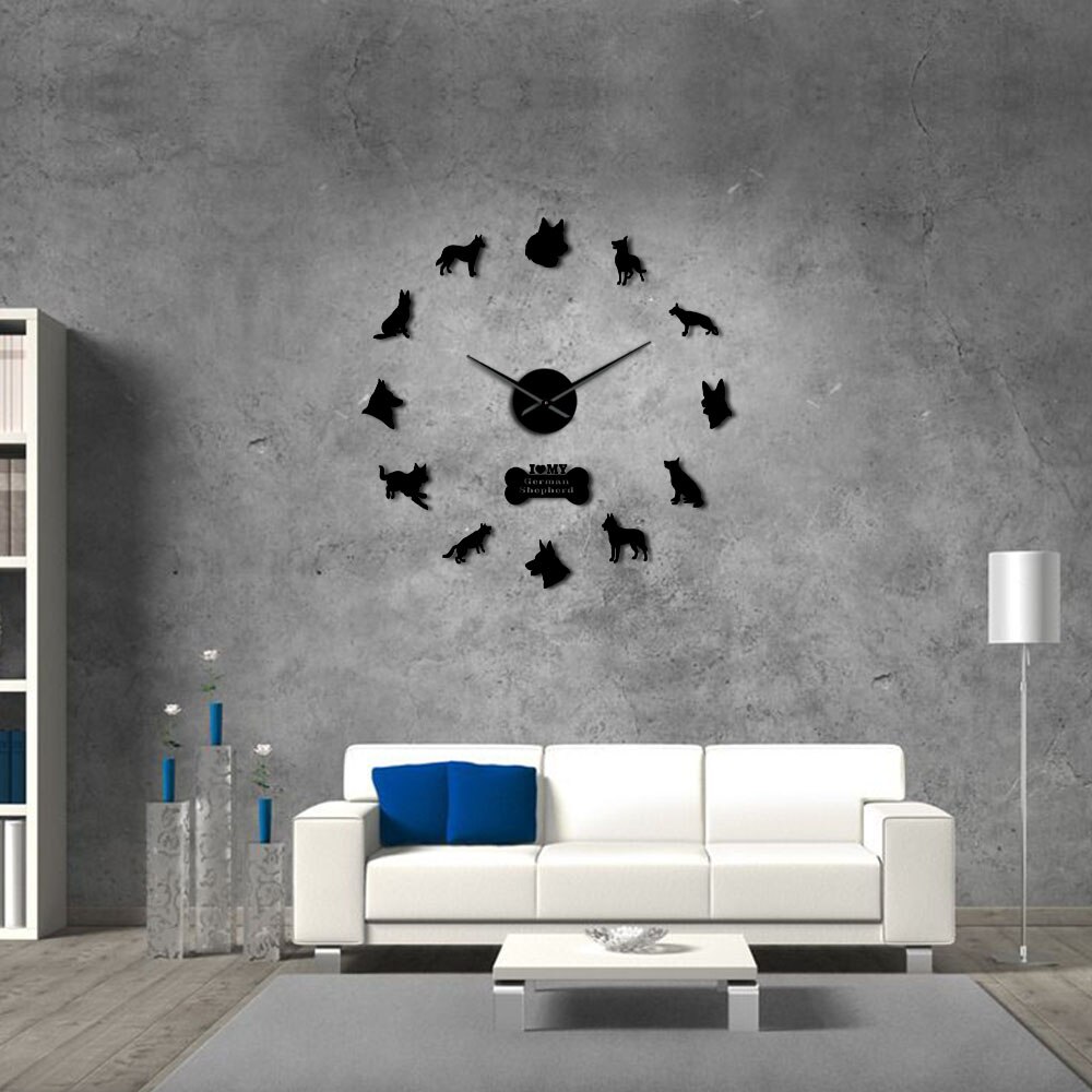 Horloge murale géante avec grandes aiguilles effet miroir loup alsacien berger allemand bricolage horloge murale Deutscher Schferhund chien Art mural