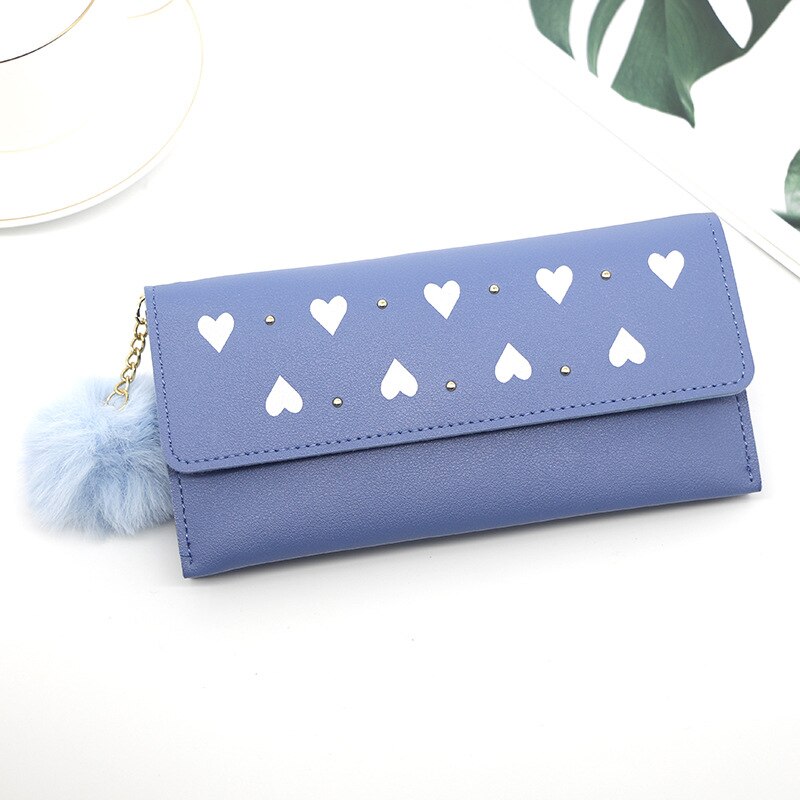 Wallet For Women Retro Rivet Hasp Long Ladies Wallet Card Purse PU Leather Wallet With Fur Ball Ornaments Phone Bag: Blue-B