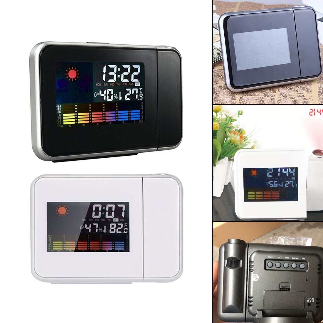 Desktop Clock Digital Alarm Clock with Projector Color Screen Time Projection Clock Multi-function Weather Calendar Time Watch
