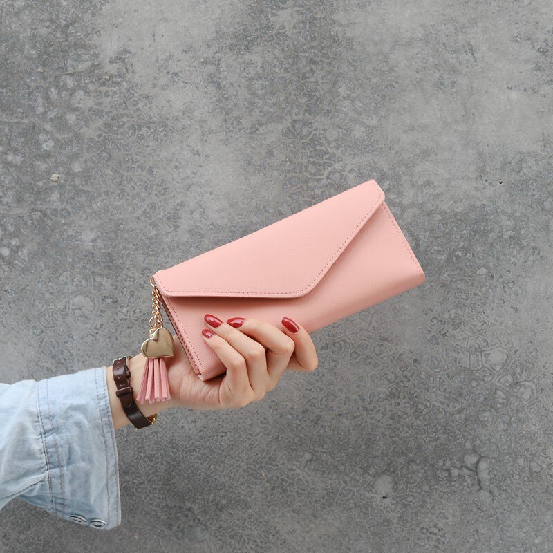 Women Leather Simple Long Wallet Tassel Coin Purse Card Holders Multi-card Position Female Wallet Portefeuille Femme: pink