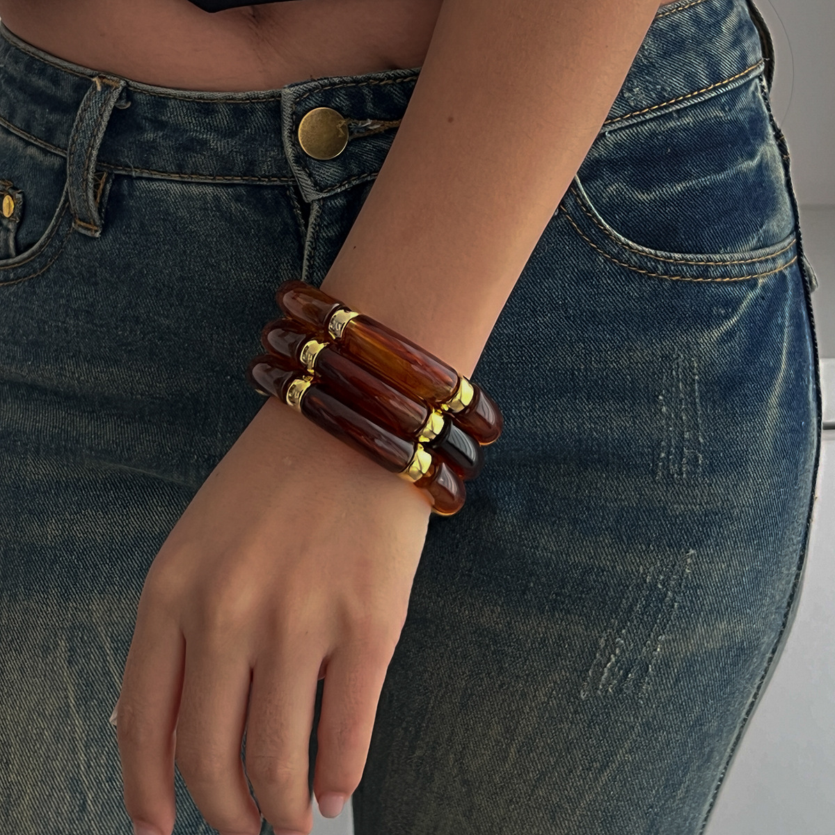 KMVEXO Vintage Acrylic Bamboo Beads Bracelet for Women Multi Color Stretchy Resin Girls Charm Couple Bangles Men Jewelry: Light Yellow Gold Color