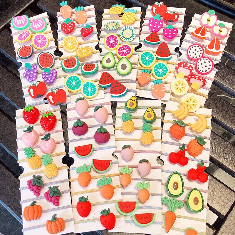 Mooie Cartoon Kinderen Paardenstaart Houder Chouchou Kit Fruit Elastische Rubberen Haarband Set Haar Ring Kinderen Haar Accessoires