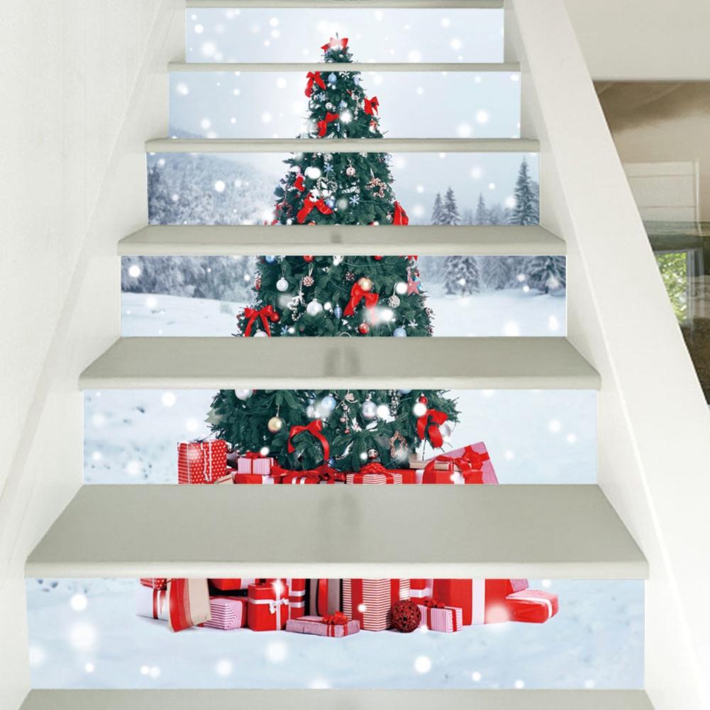 6 Stks/set Kerstboom Trap Sticker Thuis Trap Decoratie Behang Zelfklevend Vinyl Trappen Kerst Decoraties Voor Huis