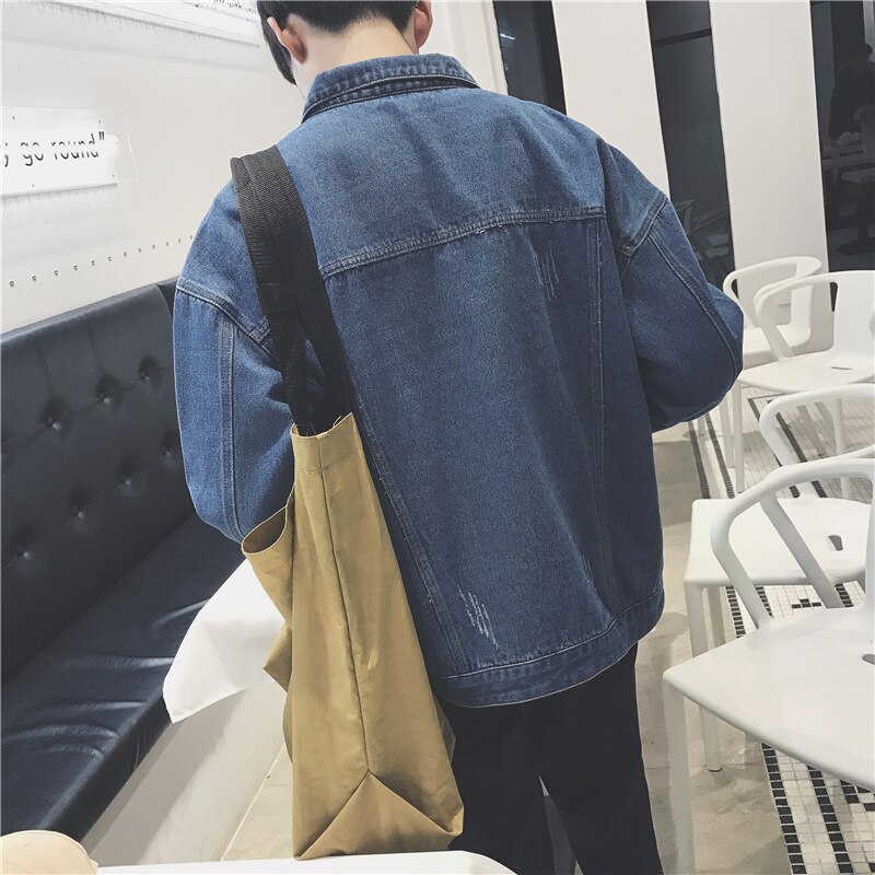 Spring Autumn washing streetwear Denim Jacket Men Korean Trend Lapel Loose Top Students Pure Color Handsome denim coat men