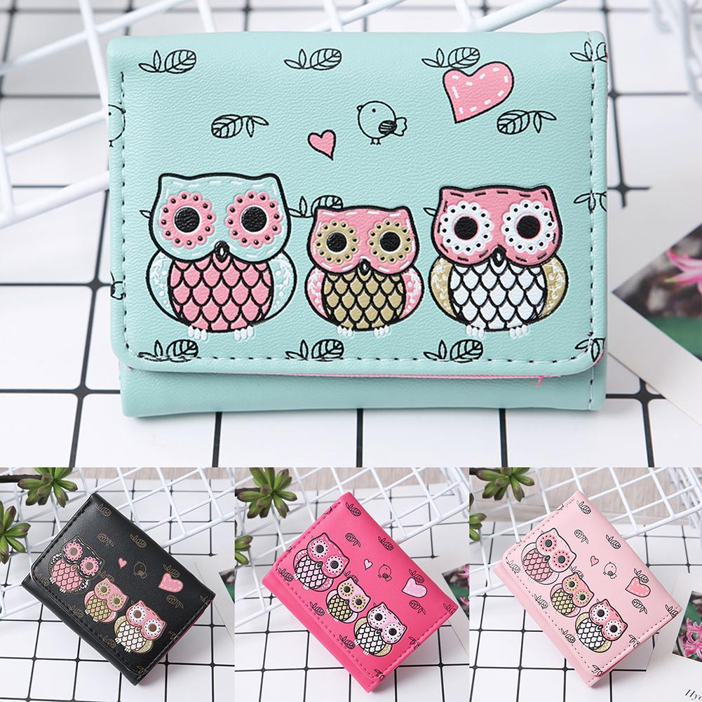Porte-monnaie en Faux cuir pour femmes et filles, Mini portefeuille à trois volets, motif de hibou de dessin animé