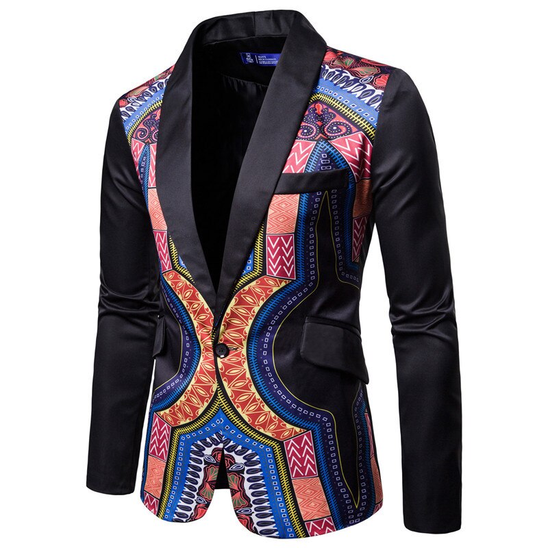 Blazer Dashiki Print News African Clothes Men Jacket One Botton Party Rich Bazin Retro Coat Full Sleeve Male Clothing M-3XL: Color 1 / XL