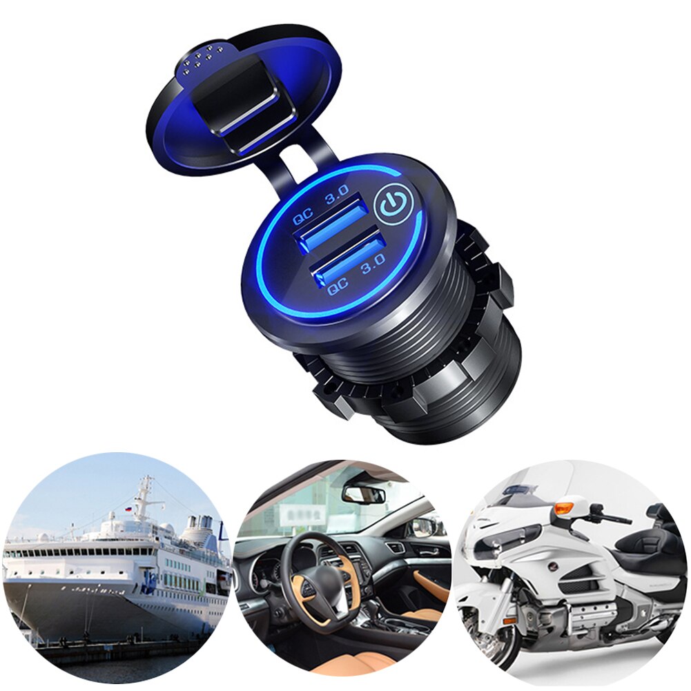 Lkw-handy-wasserdichter autolader mit schnellladefunktion, berührungsempfindlicher schnellladefunktion, 3.0 dual-usb-anschlüsse, marine-boots-steckdose, motorrad-anschluss