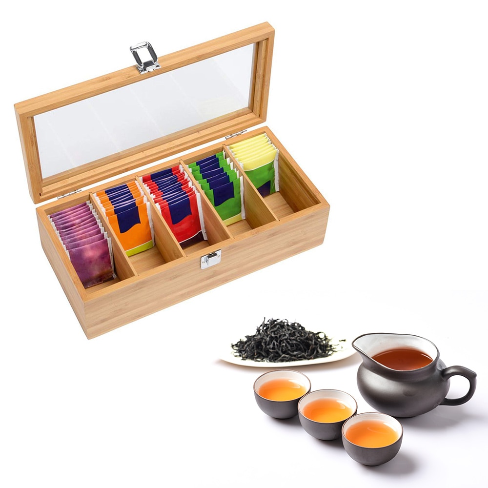 Bamboo System Tea Box System Tea Bag Jewelry Organizer Storage Box 5 Compartments Tea Box Organizer Wood Sugar Packet Container