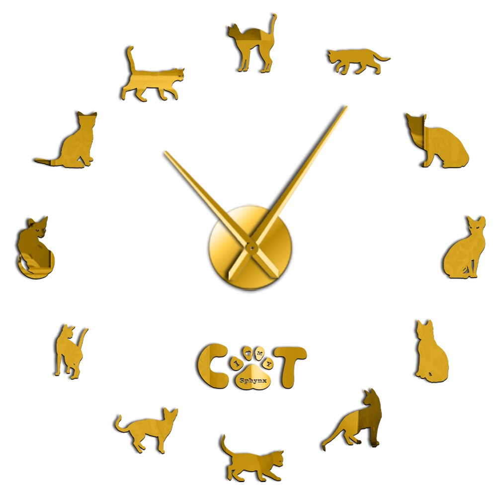Hairless Cat Sphynx Cat 3D DIY Wall Clock Mirror Sphinx Cat Frameless Large DIY Wall Watch Kit Cat Breed Wall Art Sticker Decor: Gold / 47 Inch
