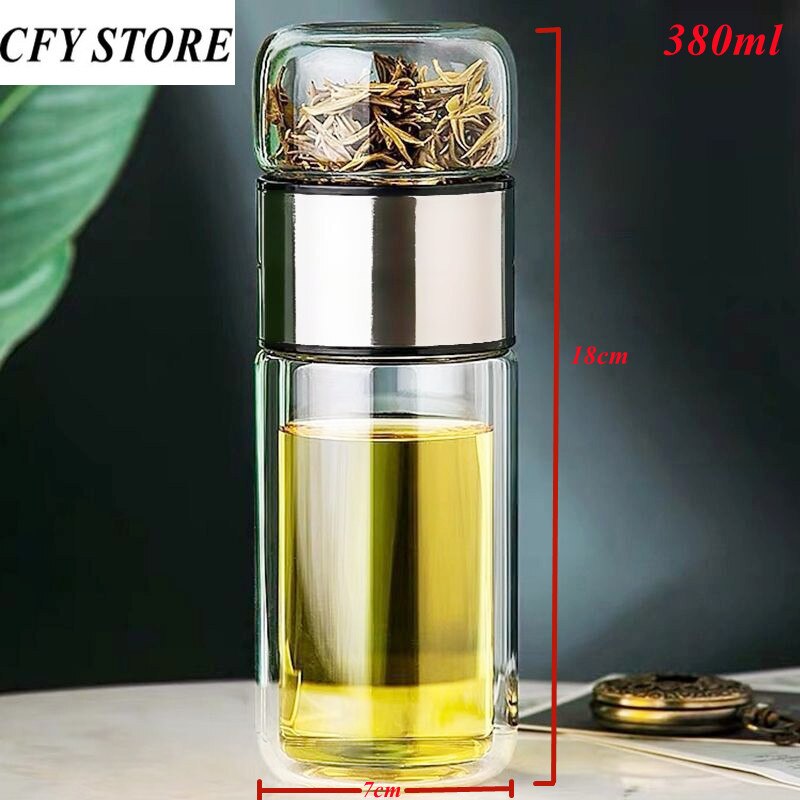 380ml Glass Double Wall Water Bottle High Borosilicate Glass Tea Water Separation Cup Milk Coffee Drinking Glasses Drinkware: Silver 380ml