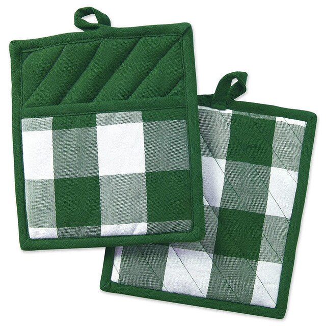 2PCS Buffalo Check Pot Holders Cotton Potholders Buffalo Plaid Cloth Gloves Pocket Set Kitchen Collection Check Plaid Set: Green White