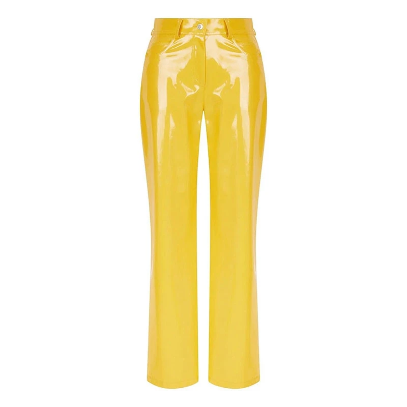 Skinnende røde patentskinn rette bukser dame høy midje pvc slanke bukser dame elegante gule pu bukser lomme tilpasset klubbklær: S / Gul