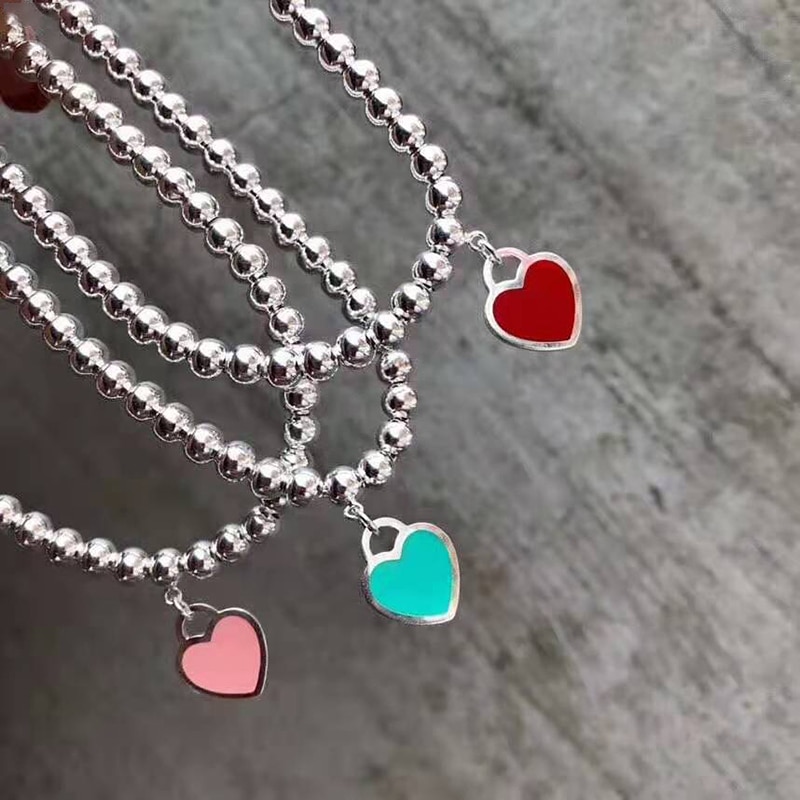 S925 sterling silver love round bead bracelet girl sweet romantic jewelry enamel heart simple style