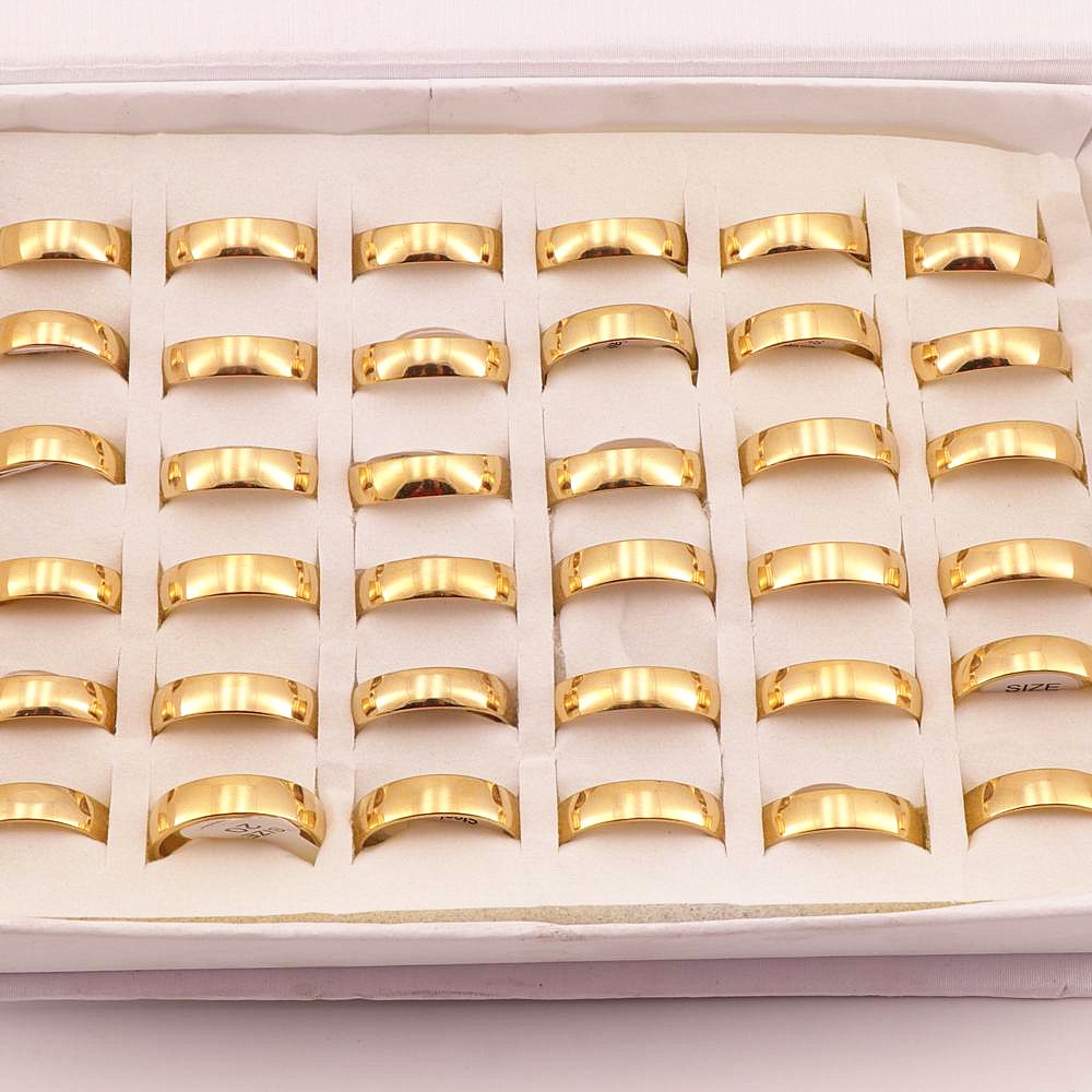 50 Pcs/lot 6mm Classic Golden Stainless Steel Rings Wedding Lover Ring For Men Women Spherical Surface Polished inside