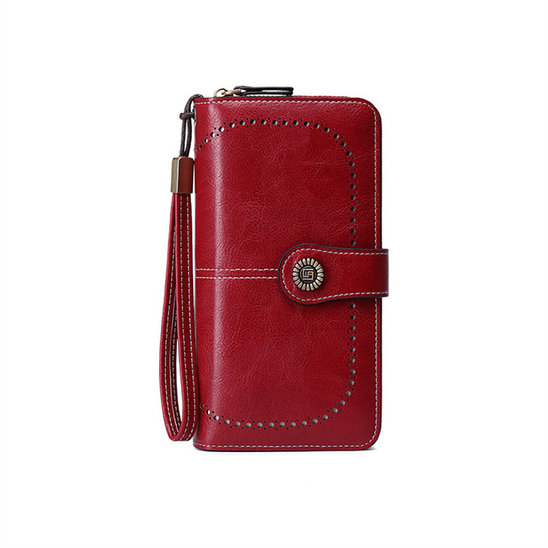 Vintage Ladies Long Leather Wallet Retro Natural Skin Zipper Coin Bag Card Holder Large Capacity Wallet For Girl: Brown