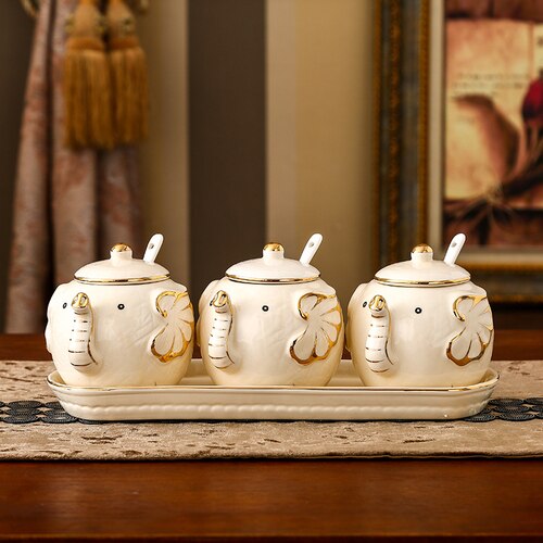 Elefant keramik kryddflaskor kryddburk kryddlåda kök kryddflaska burkar salt peppar spiskummin pulver kryddflaskor: E