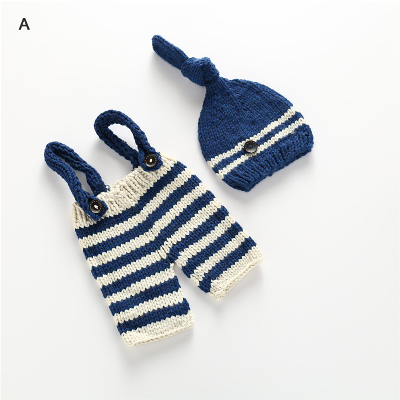 Baby foto kostume tøj nyfødte piger drenge fotografering rekvisit hæklet strik overall smækbukser + hat 2 stk sæt stribede outfits