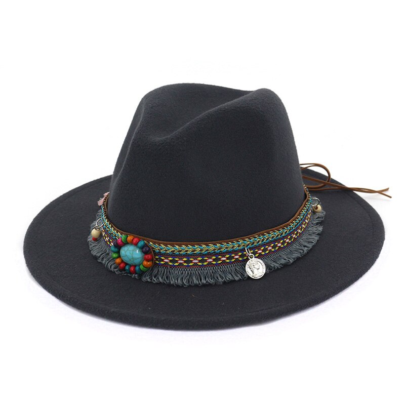 Women Jazz Caps Hats Bohemia Style Woolen Hats for Spring Summer Beach MC889: gray