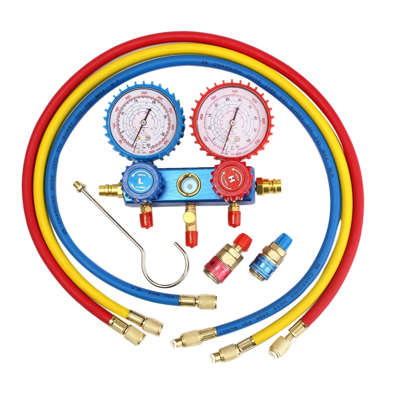 Conjunto de manómetro de colector automático superior A/C R134A manguera de carga de refrigerante con 2 acopladores rápidos para refrigeración de aire acondicionado R134A