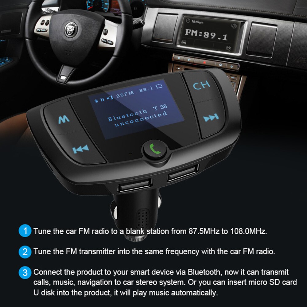 JINSERTA Bluetooth FM Transmitter Dual USB Charger Wireless Handsfree Car Mp3 Player Support U Disk / TF Card Music Play