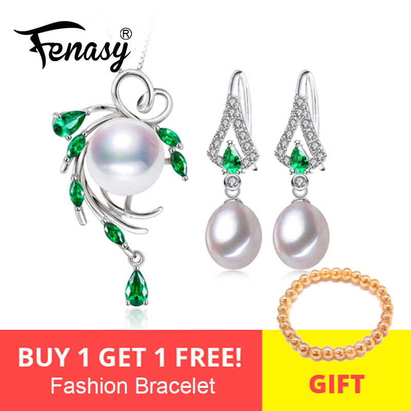 FENASY Parel Sieraden Sets, Parel Hanger Ketting Oorbellen Voor Vrouwen, bohemian 925 sterling zilver Emerald leaf grote oorbellen set