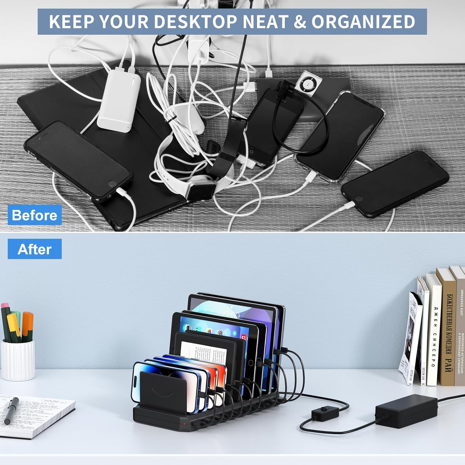 60-w -10-- port usb charging station with adjustable dividers, fast charging hub for multiple devices in hotels, shops, schools
