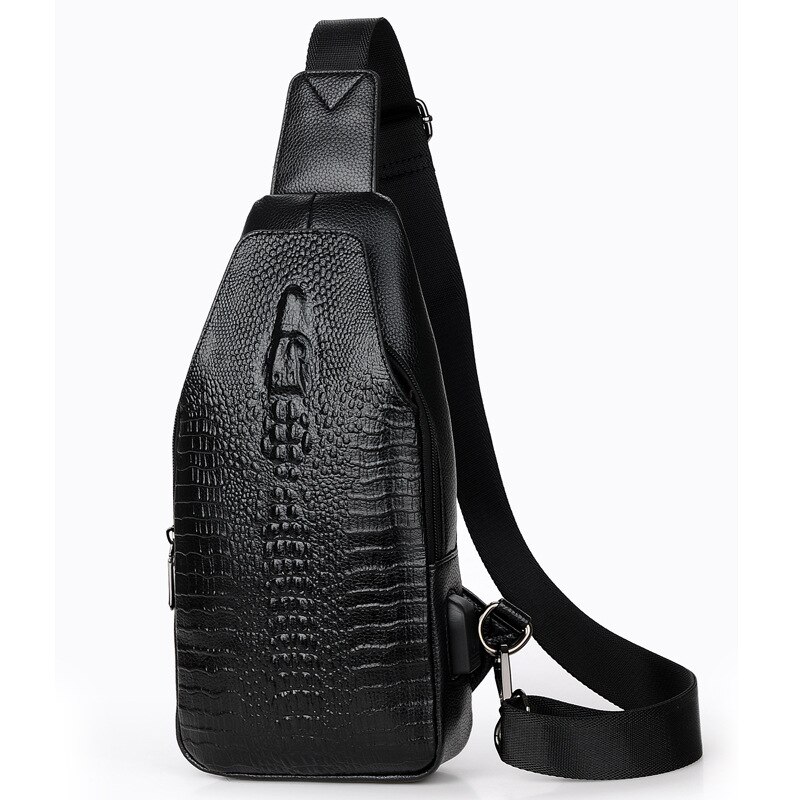 hommes sac de poitrine sac Messenger en cuir USB chargement coffre Pack Alligator décontracté sac à bandoulière homme Crocodile motif sacs à bandoulière: Black