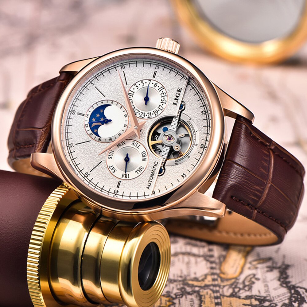 Relojes de Hombre LIGE, reloj mecánico automático para Hombre, reloj Tourbillon deportivo, reloj de pulsera Retro de negocios Casual de cuero
