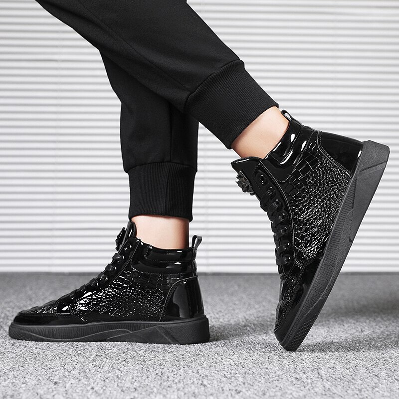 Mannen Herfst Lente Krokodil Patroon Enkellaarsjes Flats Schoenen Hoge Top Zwart Casual Schoenen Mannen Vulcaniseer Sneaker Zapatos De mujer
