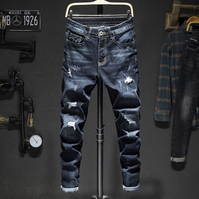 Pantalones vaqueros rasgados para hombre, ropa de calle con aberturas, color azul oscuro, elásticos, Pantalones largos