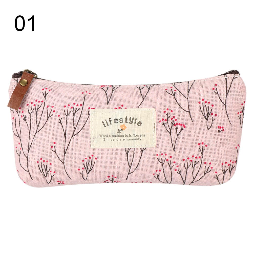 Pen Bags Pencil Box Stationery Bag Lovely Canvas Pastoral Floral Pencil Case: WHITE