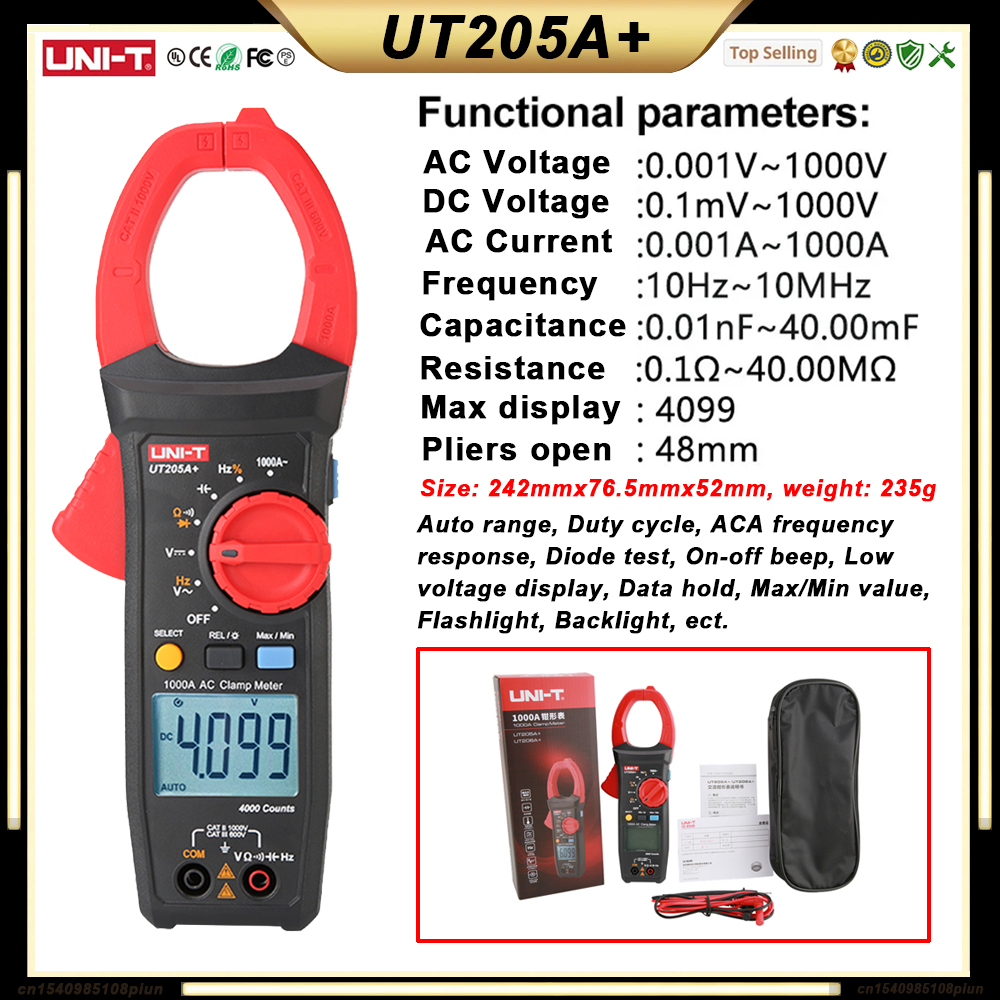 UNI T UT210E UT210D UT202A + UT204 PLUS Stroomtang Ampèremeter Digitale Elektricien Tool Elektrische Tester Multimeter: Black