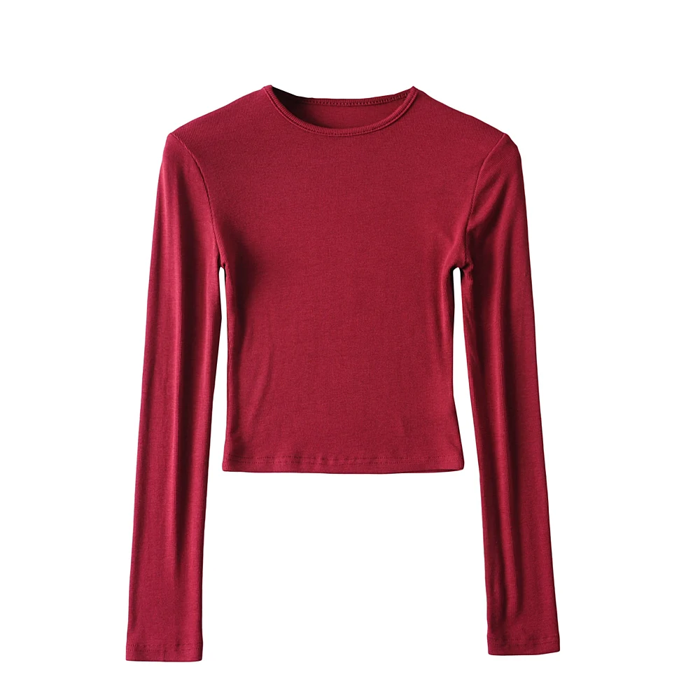 O-hals ensfarvede kvinder langærmede korte toppe sexet pullover bundbluser t-shirt crop top: M / Rød