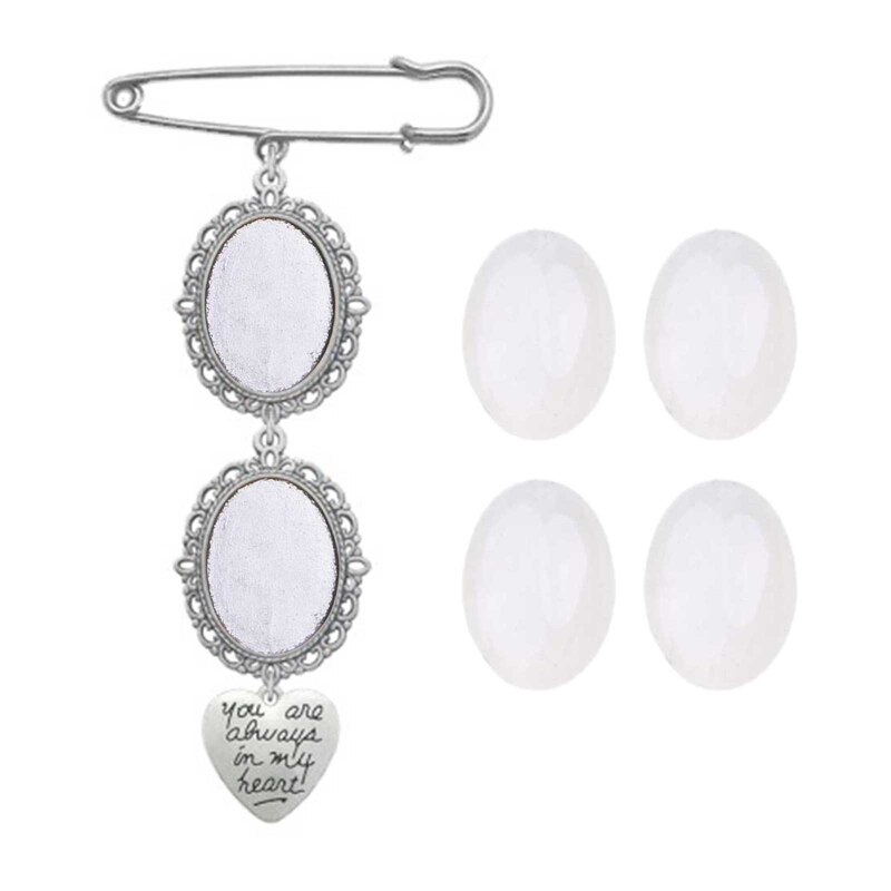 Wedding Boutonniere Boeket Foto Memorial Charm Pin Ronde Moeder Van De Bruid Voor Bruidegom Bruid Met Hart Hanger: Rhodium Plated