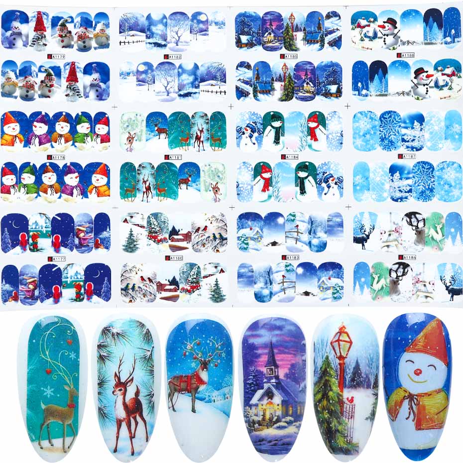 12 st jul nagelklistermärken set santa älg snögubbe vattenöverföringsreglage för naglar tecknad vinter år manikyr jibn/a -1: A1177-1188