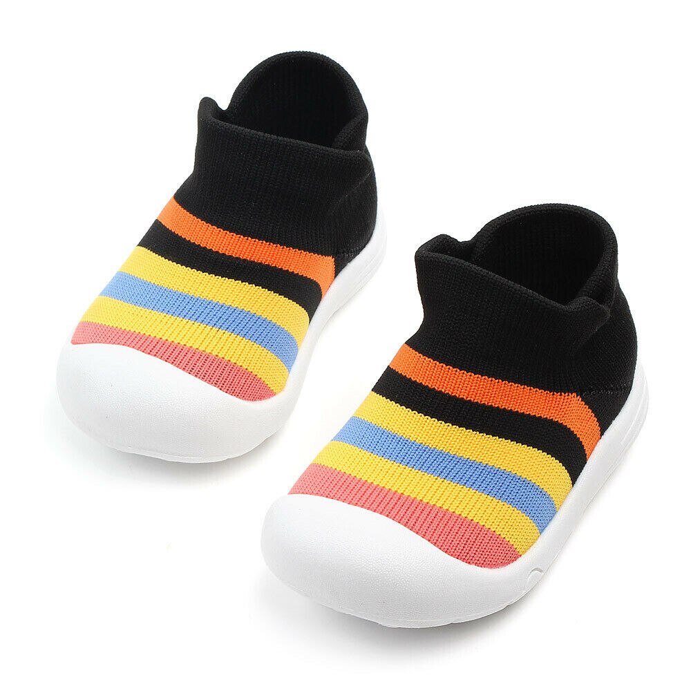 Baby eerste loopschoenen zomer herfst peuter baby unisex wieg schoenen kinderen kleurrijke regenboog geweven zachte zool elastische schoenen: Zwart / 17