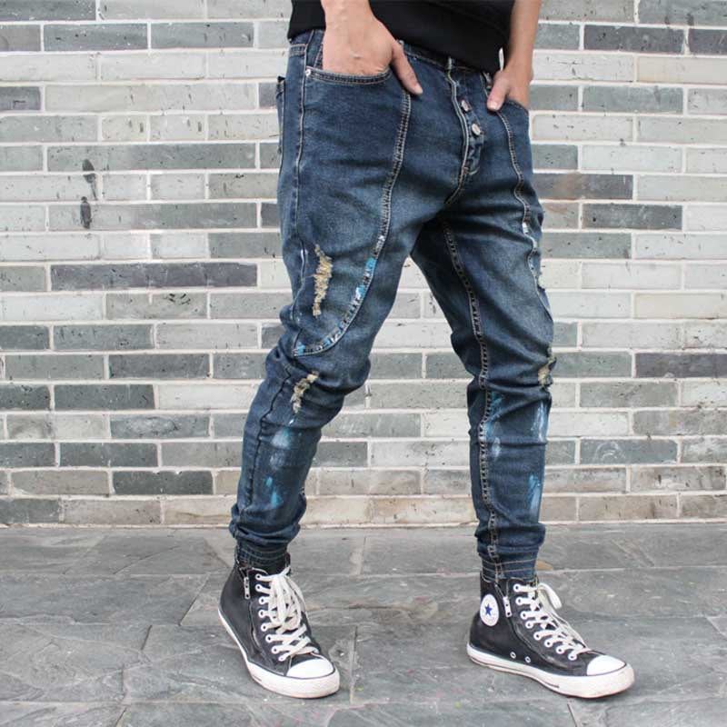 Ripped Harem Jeans Mannen Casual Patchwork Slim Joggers Broek Hip Hop Verontruste Denim Broek Laag Kruis Man Kleding