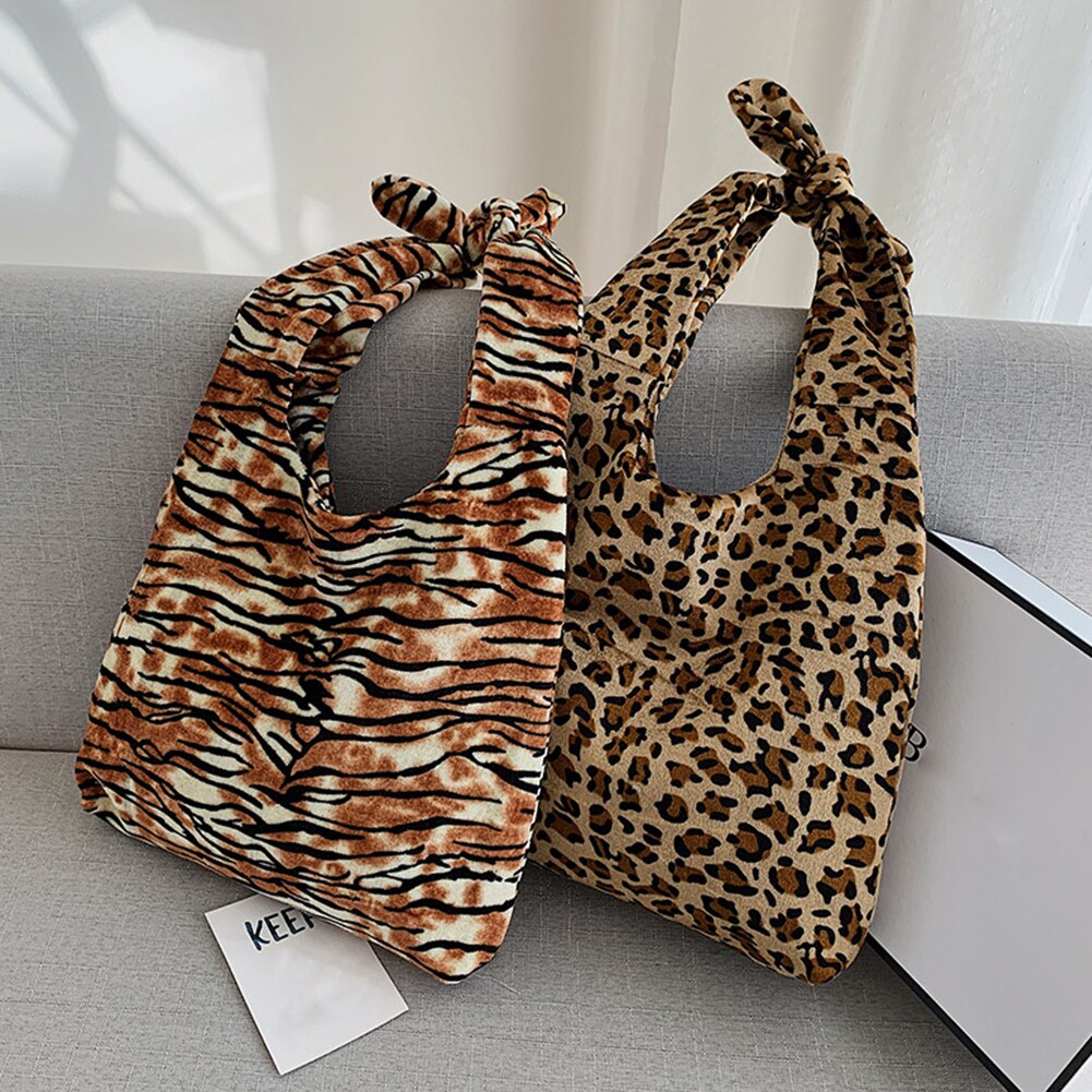 Leopard Tier Muster Schulter Tasche Frauen Krawatte Knoten Plüsch Casual Reise Täglich Totes Handtasche