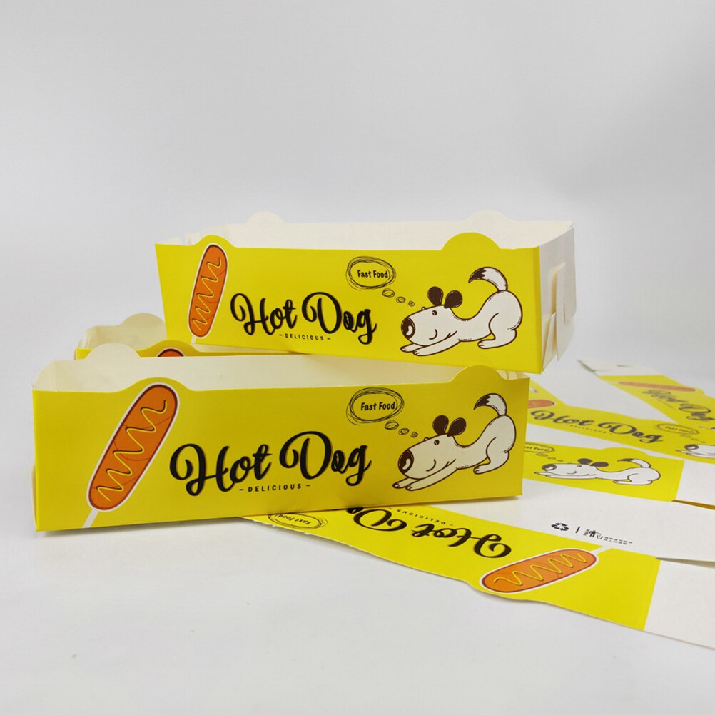 50 Stuks Wegwerp Papieren Voedsel Dienblad Opvouwbare Coating Snack Open Doos Leuke Dog Fries Kip Doos Voor Snack bar