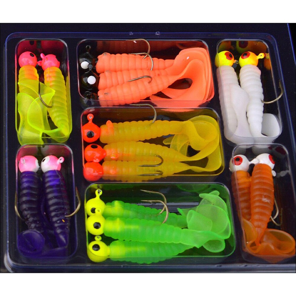 Fishing Outdoor Sport 17 Pcs Soft Worm Lure Lure Set Head Jig Hooks Fishing Baits Set Tackle #D: Default Title