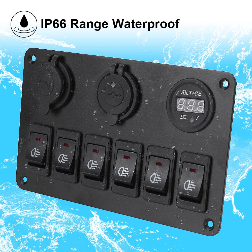 Dc 12v/24v 6/2 gangs vippekontakt panel vandtæt dobbelt usb porte led digital voltmeter afbryder tænd/sluk lys bil marine