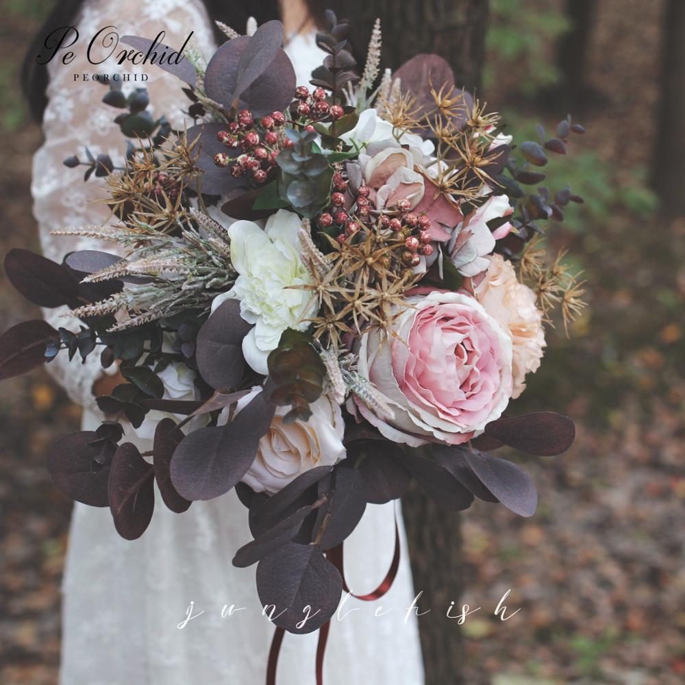 Peorchid vintage bryllupsbuket til bruden eucalyptus bouquet de noiva colorido kunstige blomster kaster buket