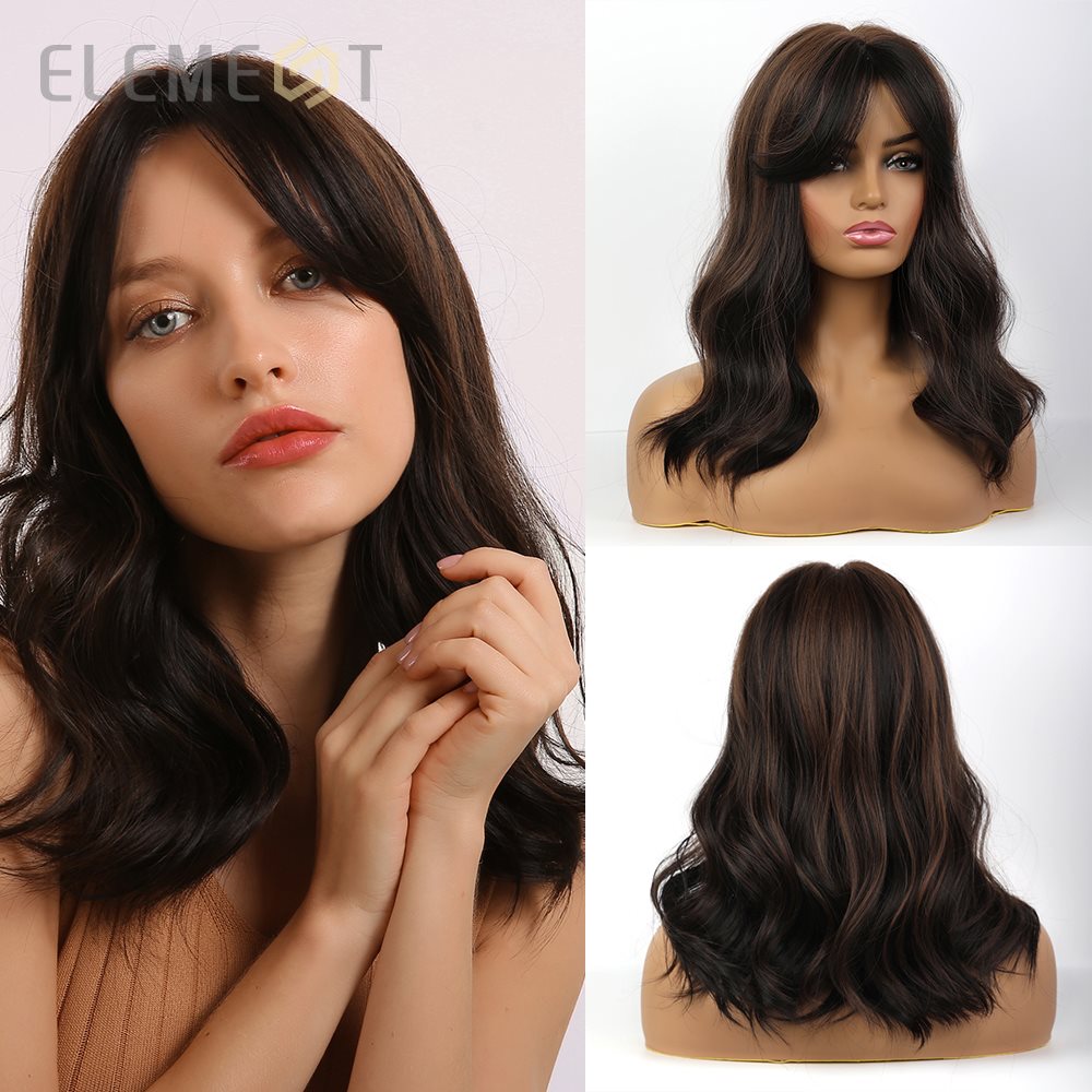 Perruque synthétique longue ondulation naturelle avec frange en Fiber résistante à la chaleur avec frange pour femmes blanches et noires pour usage quotidien